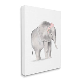 Floral Crown Baby Elephant Soft Pink Gray Illustration 30" x 24" Gallery Wrapped Wall Art