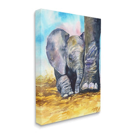 Baby Elephant at Feet Portrait Vibrant Blue Yellow 20" x 16" Gallery Wrapped Wall Art