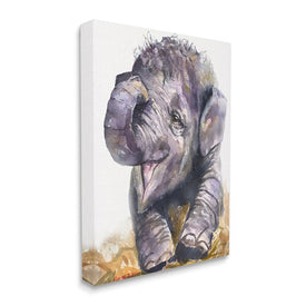 Baby Elephant Yawning Adorable Safari Animal Portrait 20" x 16" Gallery Wrapped Wall Art