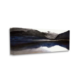 Lakeside Mountain Range Reflection Watercolor Black Blue 30" x 13" Gallery Wrapped Wall Art