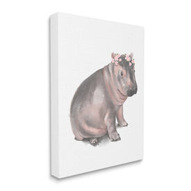 Floral Crown Baby Hippo Soft Animal Illustration 20" x 16" Gallery Wrapped Wall Art