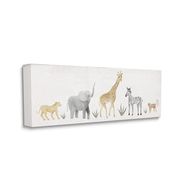 Adorable Jungle Animals Wildlife Illustration Elephant Giraffe 24" x 10" Gallery Wrapped Wall Art