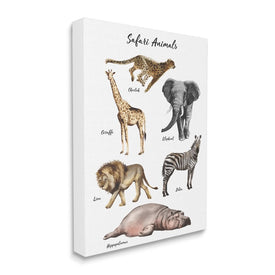 Safari Animal Chart Playful Watercolor Illustrations 30" x 24" Gallery Wrapped Wall Art