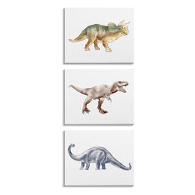 Prehistoric Dinosaurs Walking Fun Watercolor Reptiles 20" x 16" Gallery Wrapped Wall Art Three-Piece Set