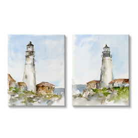 Coastal Cliffside Lighthouse Study Soft Nautical 30" x 24" Gallery Wrapped Wall Art Two-Piece Set
