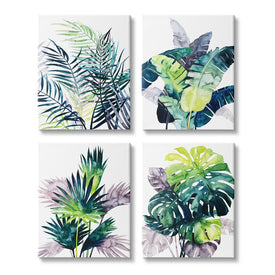 Various Tropical Palm Fans Green Blue Plants 20" x 16" Gallery Wrapped Wall Art Four-Piece Set