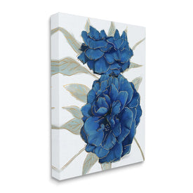 Bold Blue Carnation Florals Gold Line Detail 40" x 30" Gallery Wrapped Wall Art