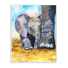 Baby Elephant at Feet Portrait Vibrant Blue Yellow 19" x 13" Wall Plaque Wall Art