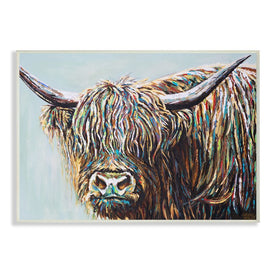 Whimsical Rainbow Hair Woolly Highland Cattle Portrait 19" x 13" Wall Plaque Wall Art