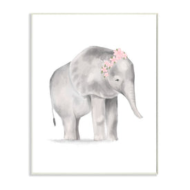 Floral Crown Baby Elephant Soft Pink Gray Illustration 19" x 13" Wall Plaque Wall Art