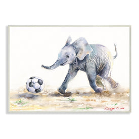 Elephant Baby Playing Soccer Adorable Jungle Animal 19" x 13" Wall Plaque Wall Art