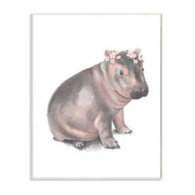 Floral Crown Baby Hippo Soft Animal Illustration 15" x 10" Wall Plaque Wall Art