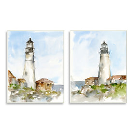 Coastal Cliffside Lighthouse Study Soft Nautical 15" x 10" Wall Plaque Wall Art Two-Piece Set
