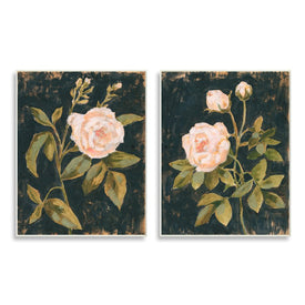 Enchanted Vintage Pink Rose Florals Distressed Black 15" x 10" Wall Plaque Wall Art Two-Piece Set