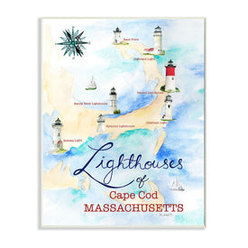 Coastal Map of Cape Cod Massachusetts Lighthouses 19" x 13" Wall Plaque Wall Art