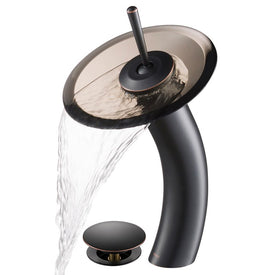 Tall Waterfall Bathroom Faucet for Vessel Sink with Clear Brown Glass Disk and Pop-Up Drain