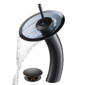Tall Waterfall Bathroom Faucet for Vessel Sink with Clear Black Glass Disk and Pop-Up Drain