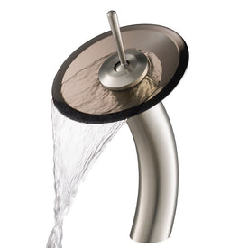 Tall Waterfall Bathroom Faucet for Vessel Sink with Clear Brown Glass Disk