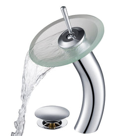 Tall Waterfall Bathroom Faucet for Vessel Sink with Frosted Glass Disk and Pop-Up Drain