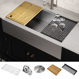 Kore Workstation 36" Single Bowl 16-Gauge Stainless Steel Flat Apron-Front Kitchen Sink with Accessories (Pack of 5) - OPEN BOX
