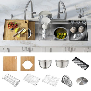 Kore 2-Tier Workstation 57" Single Bowl 16-Gauge Stainless Steel Undermount Kitchen Sink with 10-Piece Chef's Accessory Kit