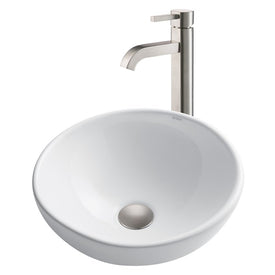 16" Round White Porcelain Bathroom Vessel Sink and Ramus Faucet Combo Set with Pop-Up Drain