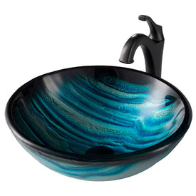 Nature Series 17" Blue Glass Bathroom Vessel Sink and Arlo Faucet Combo Set with Pop-Up Drain