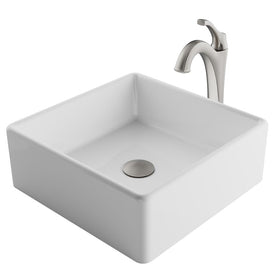 Elavo 15" Square White Porcelain Bathroom Vessel Sink and Spot Free Arlo Faucet Combo Set with Pop-Up Drain