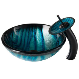 Nature Series Blue Glass Bathroom Vessel Sink and Waterfall Faucet Combo Set with Disk and Pop-Up Drain