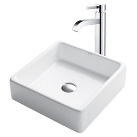 15" Square White Porcelain Bathroom Vessel Sink and Ramus Faucet Combo Set with Pop-Up Drain