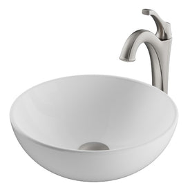 Elavo 14" Round White Porcelain Bathroom Vessel Sink and Spot Free Arlo Faucet Combo Set with Pop-Up Drain