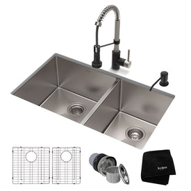 Standart Pro 33" 60/40 Double Bowl 16-Gauge Kitchen Sink Combo Set with Bolden 18" Kitchen Faucet and Soap Dispenser