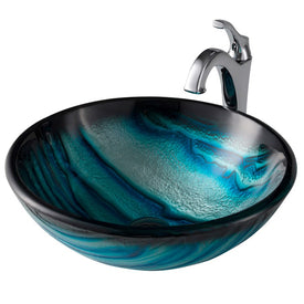 Nature Series 17" Blue Glass Bathroom Vessel Sink and Arlo Faucet Combo Set with Pop-Up Drain