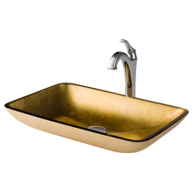 22" Rectangular Gold Glass Bathroom Vessel Sink and Arlo Faucet Combo Set with Pop-Up Drain
