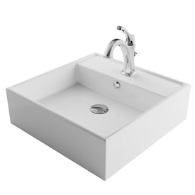 Elavo 18.5" Square White Porcelain Bathroom Vessel Sink with Overflow and Arlo Faucet Combo Set with Lift Rod Drain