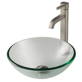 14" Clear Glass Bathroom Vessel Sink and Ramus Faucet Combo Set with Pop-Up Drain