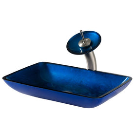 Rectangular Blue Glass Bathroom Vessel Sink and Waterfall Faucet Combo Set with Disk and Pop-Up Drain