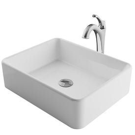 Elavo 19" Modern Rectangular White Porcelain Bathroom Vessel Sink and Arlo Faucet Combo Set with Pop-Up Drain