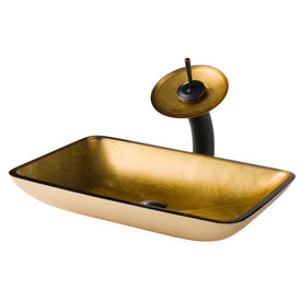 Rectangular Gold Glass Bathroom Vessel Sink and Waterfall Faucet Combo Set with Disk and Pop-Up Drain