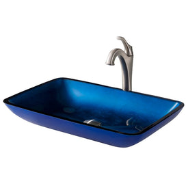 22" Rectangular Blue Glass Bathroom Vessel Sink and Spot Free Arlo Faucet Combo Set with Pop-Up Drain