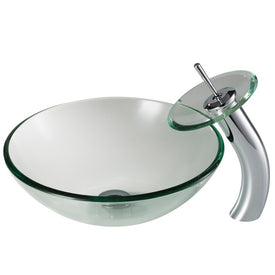Clear Glass Bathroom Vessel Sink and Waterfall Faucet Combo Set with Disk and Pop-Up Drain