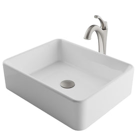 Elavo 19" Modern Rectangular White Porcelain Bathroom Vessel Sink and Spot Free Arlo Faucet Combo Set with Pop-Up Drain