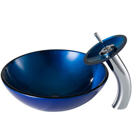 Irruption Blue Glass Bathroom Vessel Sink and Waterfall Faucet Combo Set with Disk and Pop-Up Drain