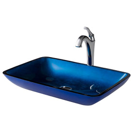 22" Rectangular Blue Glass Bathroom Vessel Sink and Arlo Faucet Combo Set with Pop-Up Drain