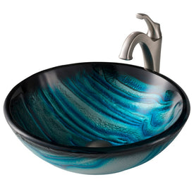 Nature Series 17" Blue Glass Bathroom Vessel Sink and Spot Free Arlo Faucet Combo Set with Pop-Up Drain