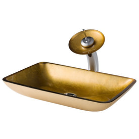Rectangular Gold Glass Bathroom Vessel Sink and Waterfall Faucet Combo Set with Disk and Pop-Up Drain