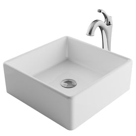 Elavo 15" Square White Porcelain Bathroom Vessel Sink and Arlo Faucet Combo Set with Pop-Up Drain