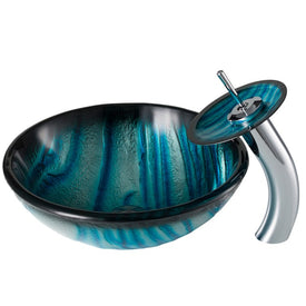 Nature Series Blue Glass Bathroom Vessel Sink and Waterfall Faucet Combo Set with Disk and Pop-Up Drain