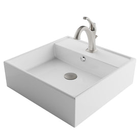 Elavo 18.5" Square White Porcelain Bathroom Vessel Sink with Overflow and Spot Free Arlo Faucet Combo Set with Lift Rod Drain