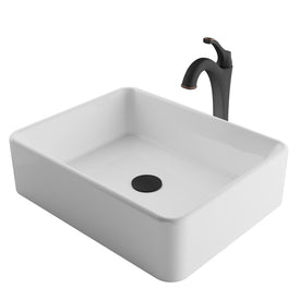 Elavo 19" Modern Rectangular White Porcelain Bathroom Vessel Sink and Arlo Faucet Combo Set with Pop-Up Drain
